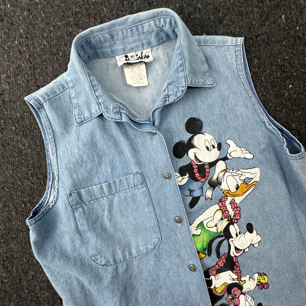 Vtg 90s Disney Mickey Jerry Leigh Denim Shirt Womens M Sleeveless Hawaiian USA